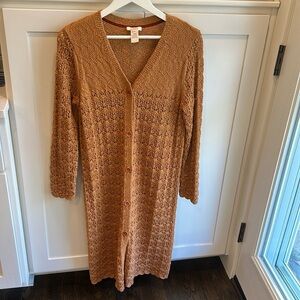 Sundance Long Button Duster Cardigan Lightweight Linen Blend Brown Orange Medium
